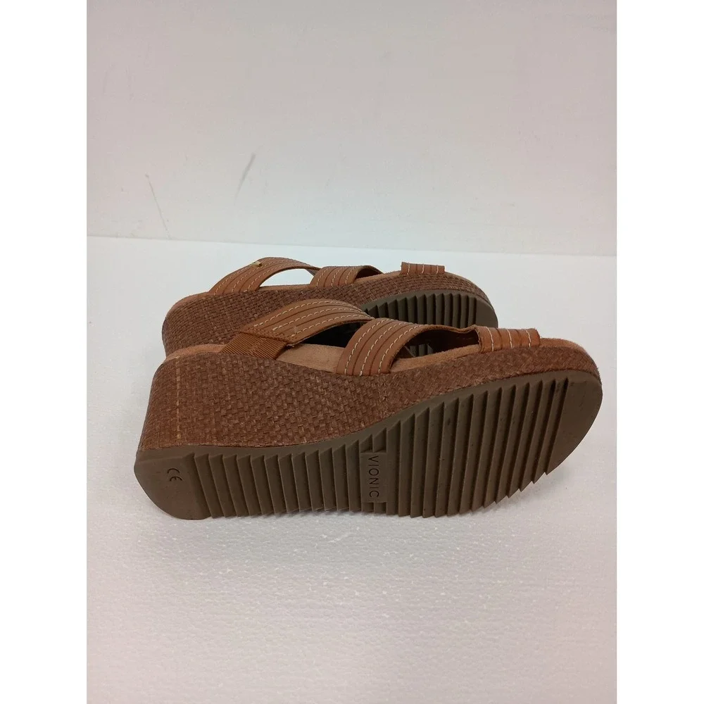Vionic Wedge Sandals Womens 7M Brown Leather Orthotic Comfort Strappy Shoes
